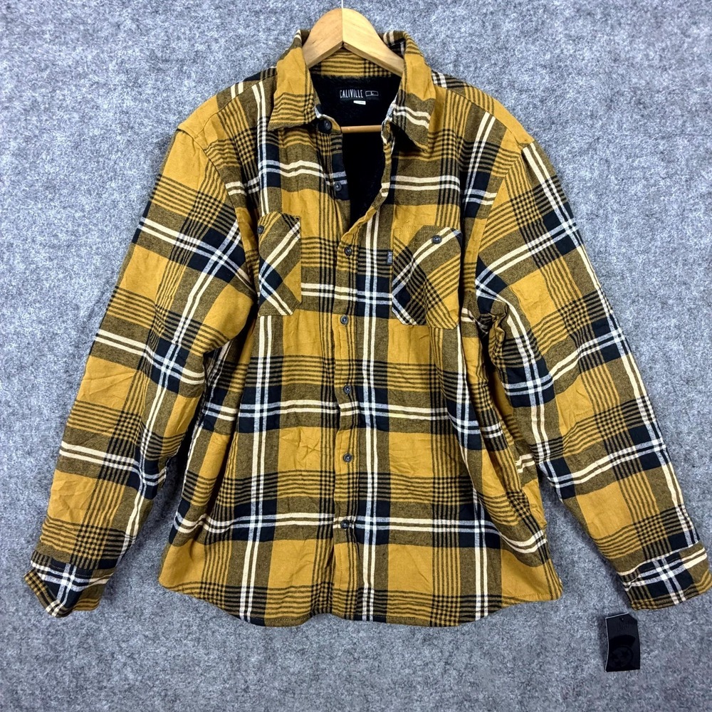Caliville Flannel Shacket Mens Large Yellow Plaid Sherpa Lined Grunge Jacket 90s